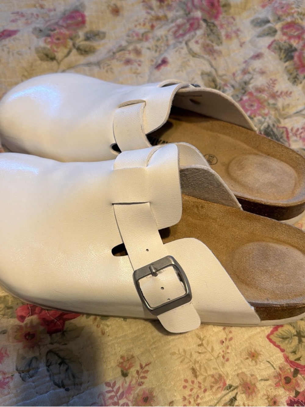 Women’s White Buckle Clog Mules with Contoured Footbed